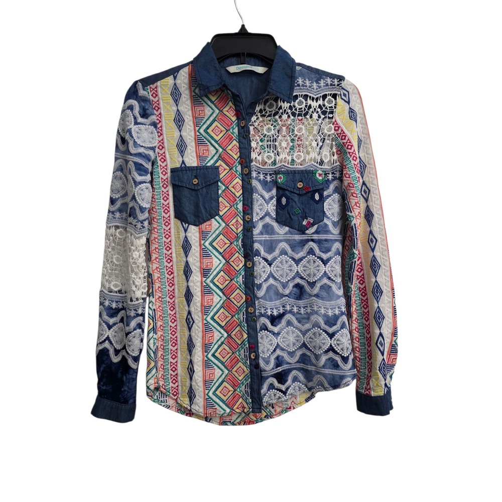 Desigual Womens Boho‎ Patchwork Denim Lace Embroidered Button Down Shirt XS